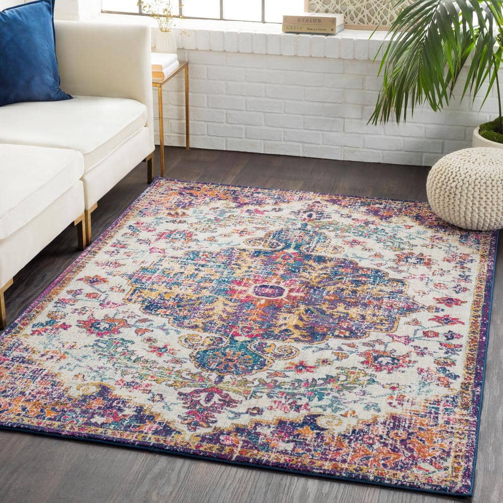 Harput Vintage Medallion Blue Synthetic Area Rug, 2' x 2'11"