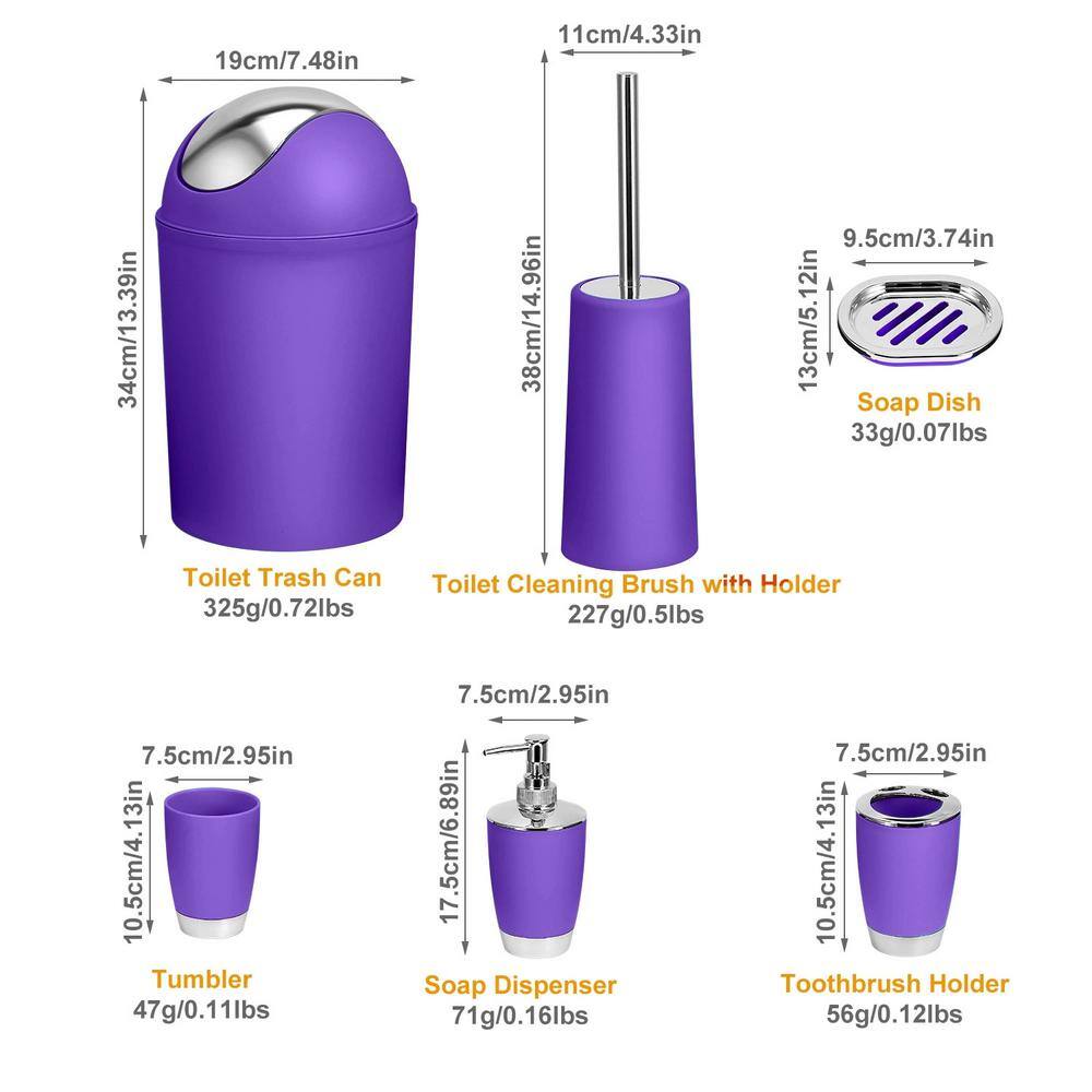 Purple 6-Piece Plastic Bathroom Accessory Set with Chrome Accents
