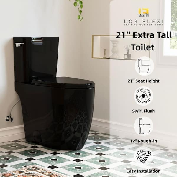 Los Flexi 21 in. Extra Tall Toilet 2-Piece, Glossy Black, 1.28 GPF