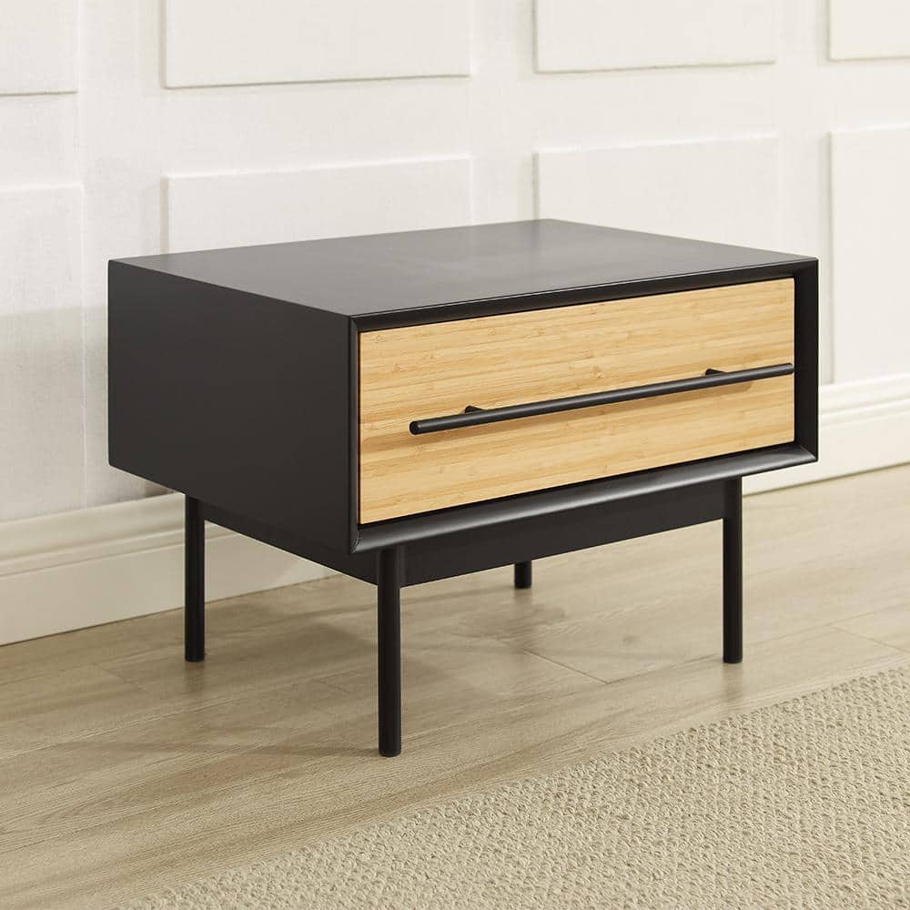 Black and Natural Bamboo 1-Drawer Nightstand with Metal Handle