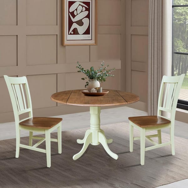 International Concepts 3-Piece Set, Hickory Shell 42 in. Round Solid Wood Top Drop-Leaf Dining Table with 2-San Remo Chairs Seats 2