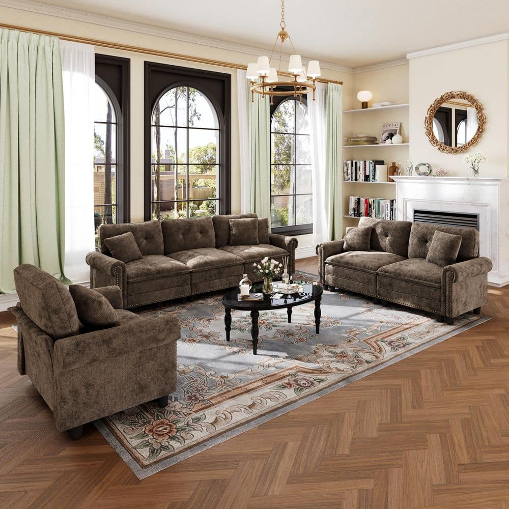 113.8 in. Roll Arm 6-Seat Chenille Modular Sectional Sofa in. Brown with Throw Pillows