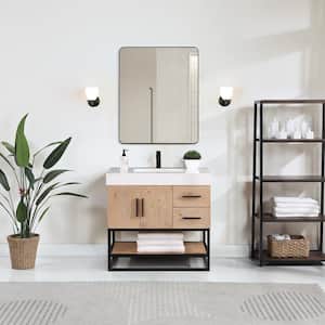 Bianco 36 in. W x 22 in. D x 34 in. H Single Sink Bath Vanity in Light Brown with White Composite Stone Top and Mirror