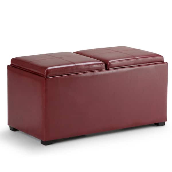 Simpli Home Avalon 35 in. Contemporary Storage Ottoman in Radicchio Red Faux Leather