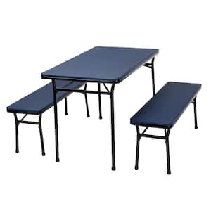 3-Piece Dark Blue Portable Outdoor Safe Folding Table Bench Set