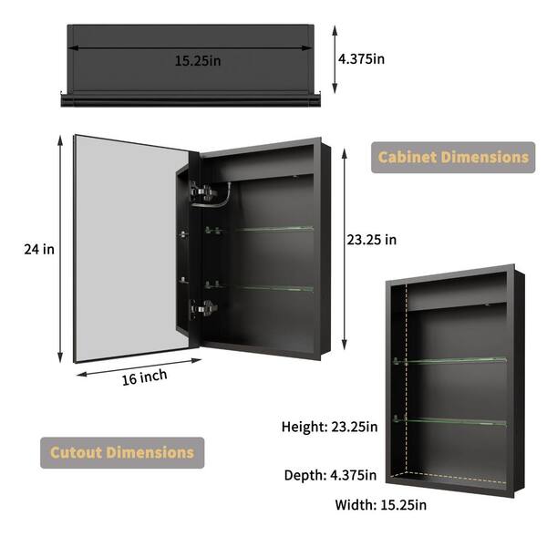 Velux 16 in. W x 24 in. H Rectangular Black Aluminum Recessed/Surface Mount Left Dimmable Medicine Cabinet w/ Mirror LED