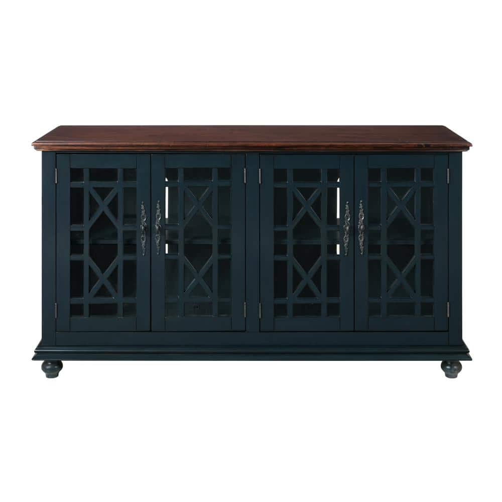 Antique Blue and Walnut 63" TV Stand with Cabinets