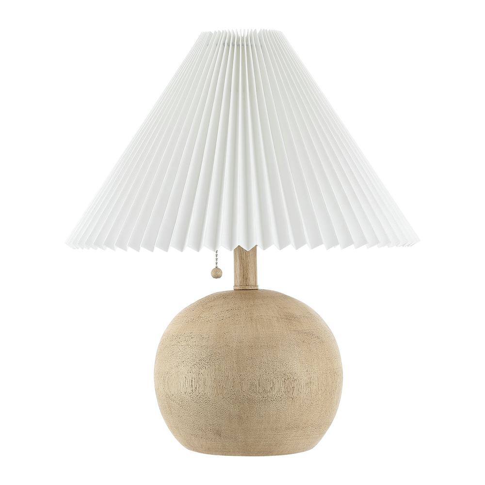 Beige Wood Finish Round Resin Bedside Table Lamp with Linen Shade