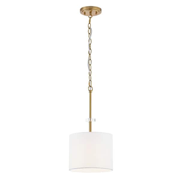 Home Decorators Collection Dawson 1-Light Aged Brass Shaded Pendant Light with White Drum Fabric Shade