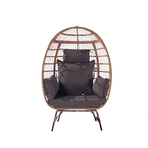 Wicker Outdoor Lounger Chair, Oversized Egg Chair for Patio, Backyard, Living Room with Dark Grey Cushions, Steel Frame