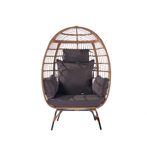 Zeus & Ruta Wicker Outdoor Lounger Chair, Oversized Egg Chair for Patio, Backyard, Living Room with Dark Grey Cushions, Steel Frame