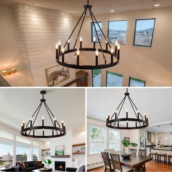 Sunpez 12-Light Black Wagon Wheel Chandelier, Pendant Light