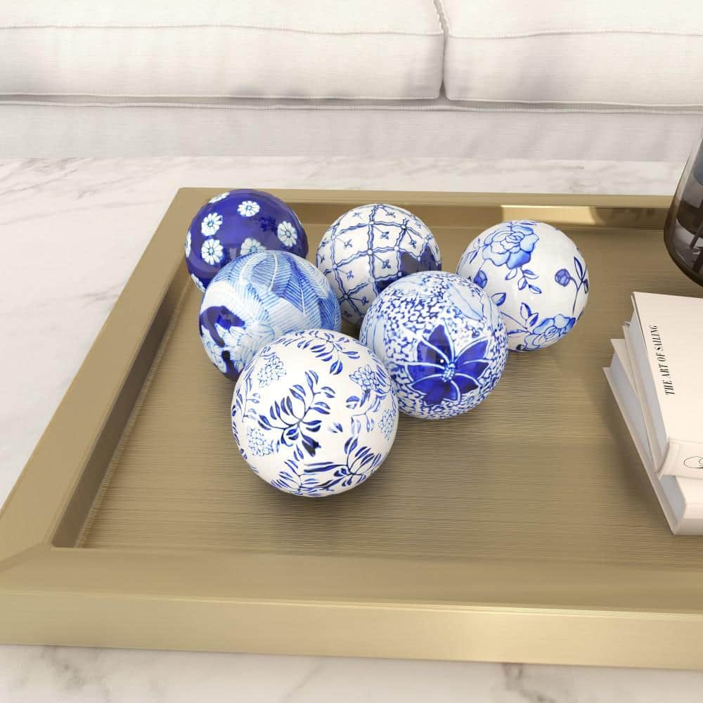 Blue and White Ceramic Floral Pattern Vase Filler Orbs, Set of 6