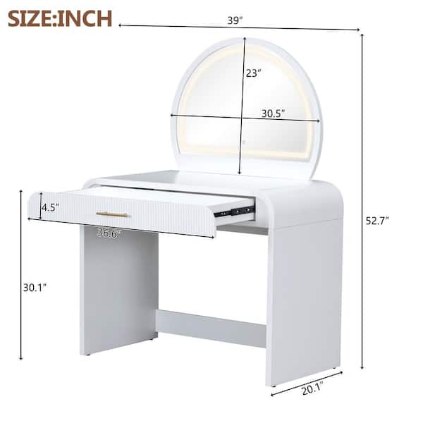 1-Drawer White Makeup Vanity Table Wooden Dressing Desk with Touch Screen Lighted Mirror