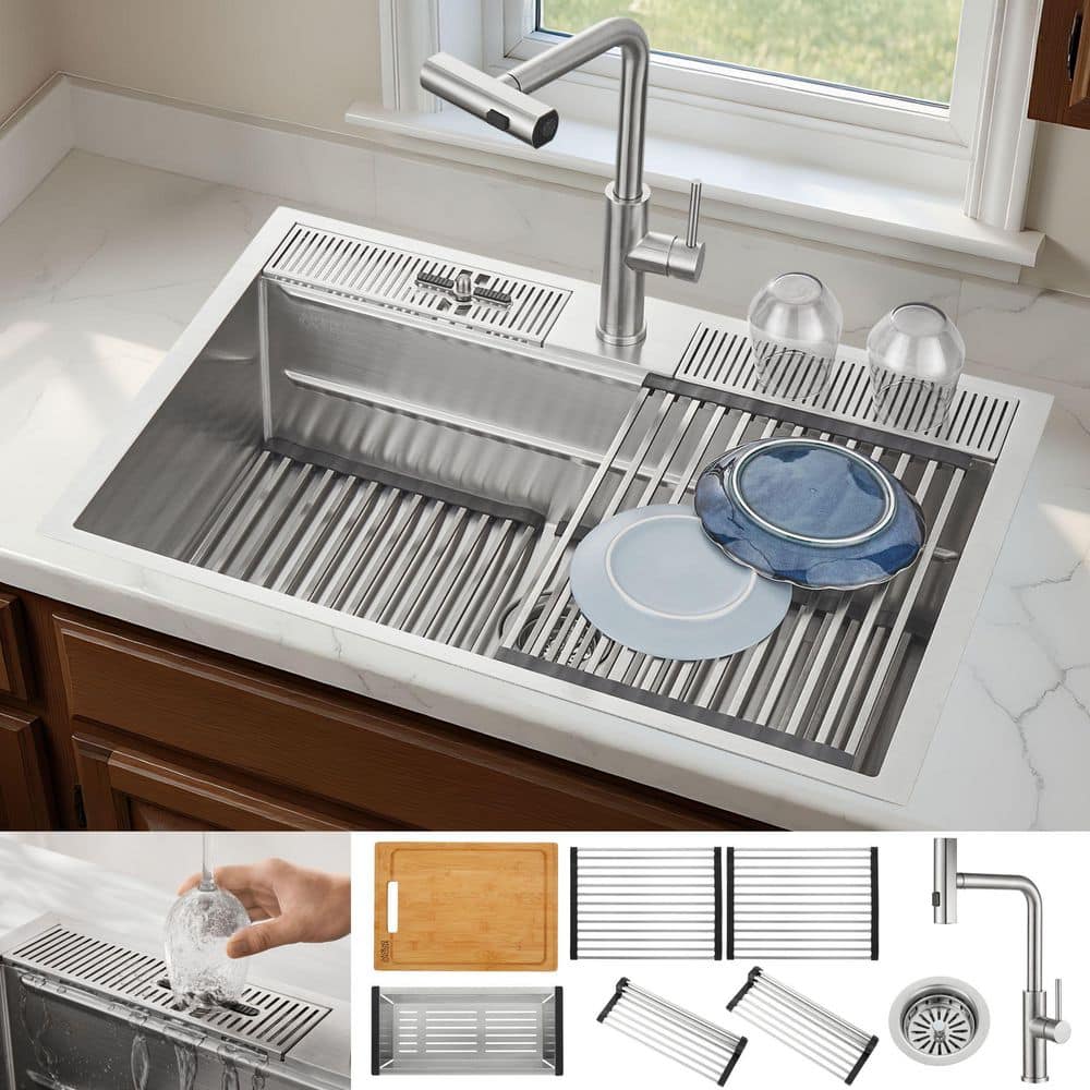33 in. Drop-In/Undermount 3-Level Workstation Sink with Waterfall Faucet & Glass Rinser price history on PriceWatchPro