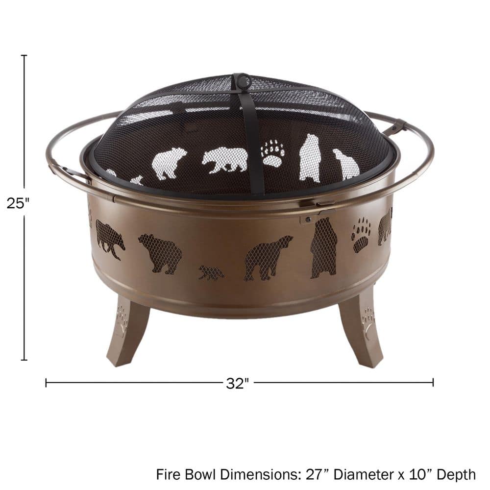 32-Inch Antique Gold Steel Wood Burning Fire Pit with Bear Cutouts