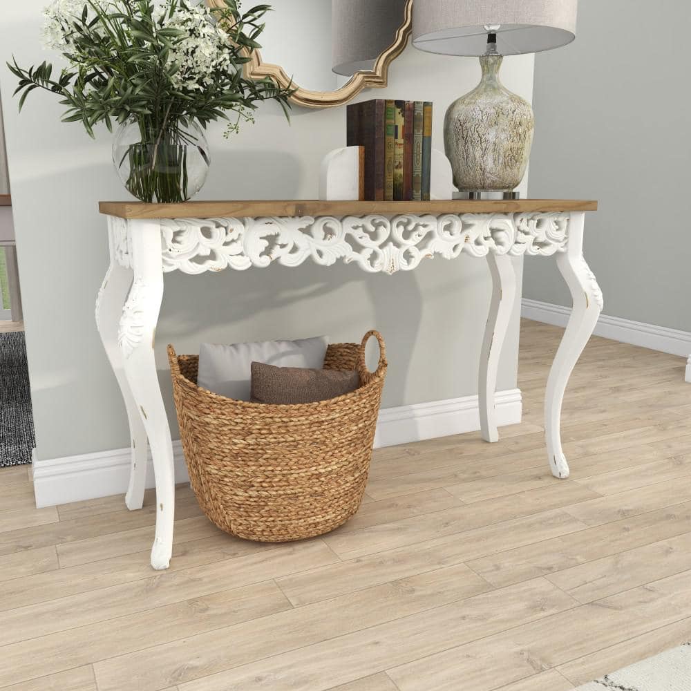 Elegant Farmhouse 46" White and Brown Wood Carved Console Table