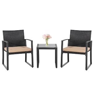 3-Piece Black Rattan Wicker Patio Conversation Set Bistro Furniture Set 2 Chairs, Glass Side Table with Khaki Cushions