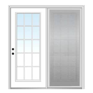 63 in. x 81.75 in. Primed Fiberglass Prehung Right Hand Grilles Between Clear Glass 15-Lite Hinged Patio Door w/ Screen