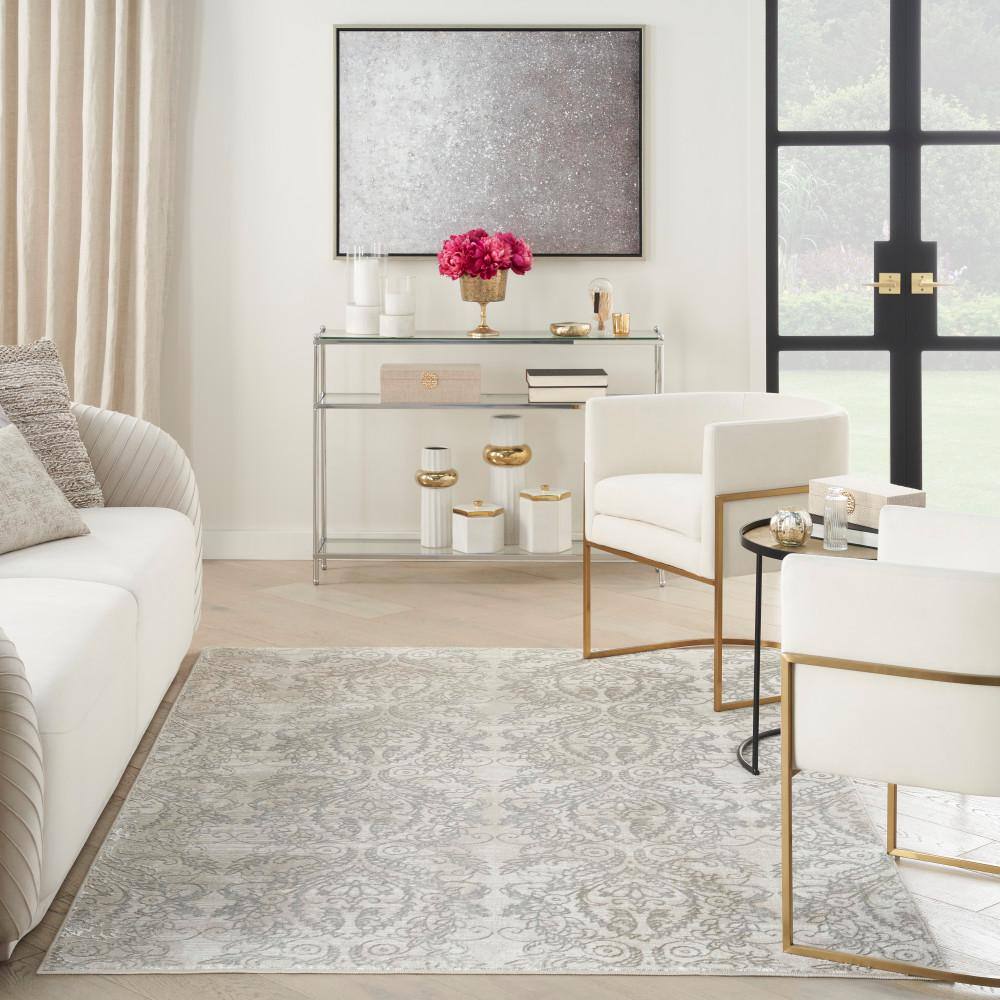 Iliana Beige Grey Synthetic Damask 9' x 12' Area Rug