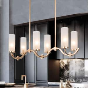 Modern Gold Linear Island Chandelier 6-Light Candlestick Chandelier with Cylinder Frosted Glass Shades