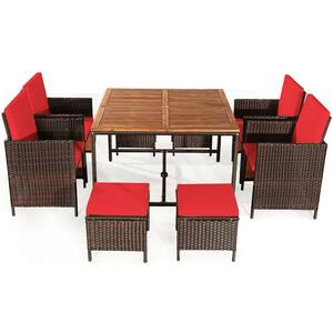 9-Piece Wicker Outdoor Dining Cushioned Chairs Set with Red Cushions