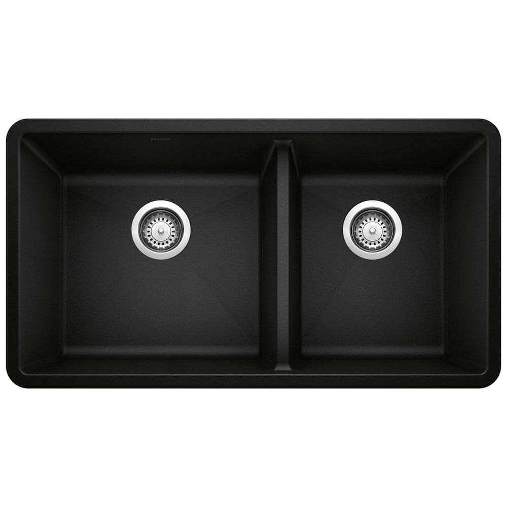 PRECIS Coal Black Granite Composite 33 in. 60/40 Double Bowl Undermount Kit