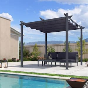 10 ft. x 10 ft. Dark Gray Aluminum Frame Pergola with Navy Blue Retractable Sun Shade Canopy and Extra Top Roof