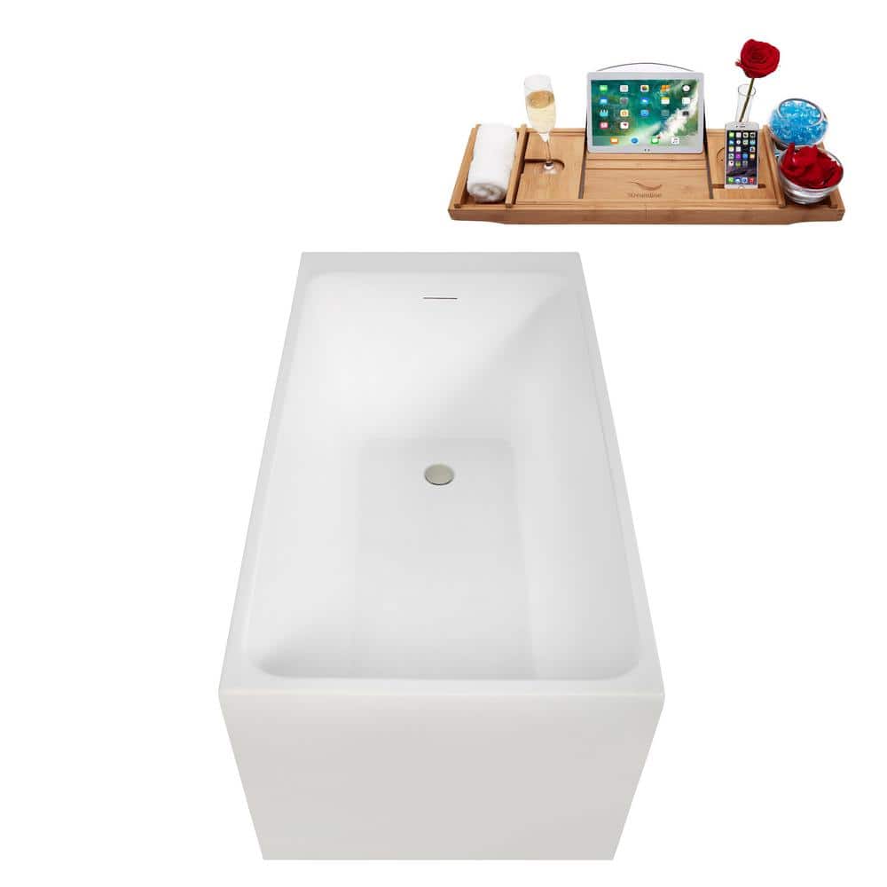 51" Glossy White Acrylic Freestanding Soaking Bathtub with Bamboo Tray