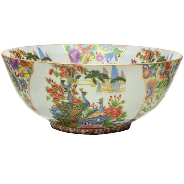 Oriental Furniture 14 in. White Satsuma Birds and Flowers Porcelain Bowl