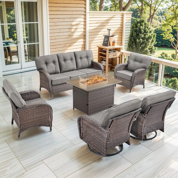 Brynn 6-Piece Brown Wicker Patio Fire Pit Conversation Seating Set with Swivel Rocking Lounge Chairs with Gray Cushions