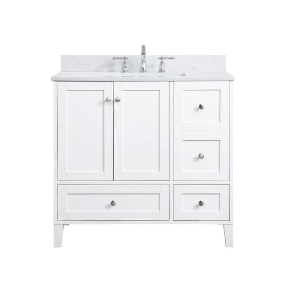 Unbranded Simply Living 36 in. W x 22 in. D x 34 in. H Bath Vanity in White with Calacatta White Engineered Marble Top