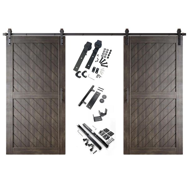 HOMACER XT2 36 in. x 80 in. C-Panel Ebony Slanted Stripe Design Double Pine Wood Sliding Barn Door with Hardware Kit