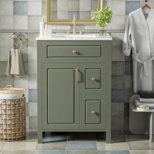 24 in. Single Sink Freestanding Green Bath Vanity with White Ceramic Top Unassembled