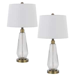 26.5 in. H Antique Brass Glass Table Lamp Set with Drum Shade and Matching Finial (Set of 2)