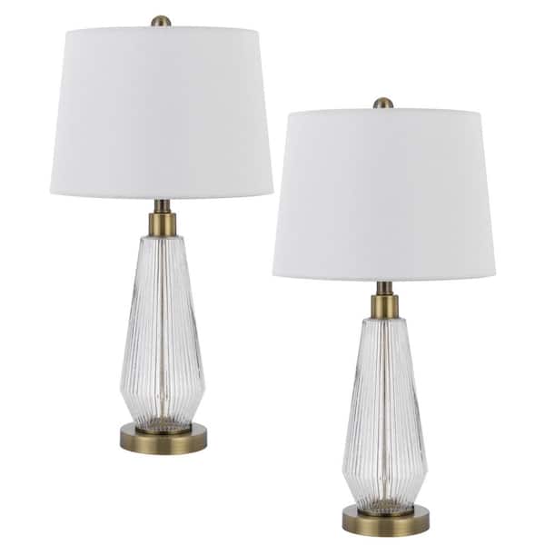 CAL Lighting 26.5 in. H Antique Brass Glass Table Lamp Set with Drum Shade and Matching Finial (Set of 2)