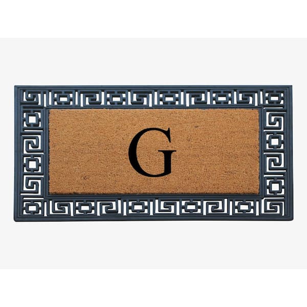 A1 Home Collections A1HC Greek Key Border Black/Beige 24 in. x 36 in. Rubber and Coir Heavy Duty Easy to Clean Monogrammed G Door Mat