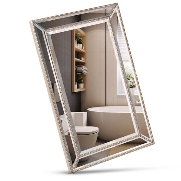 Head West 24 in. x 30 in. Champagne Silver Metro Beaded Glass Framed Vanity Mirror