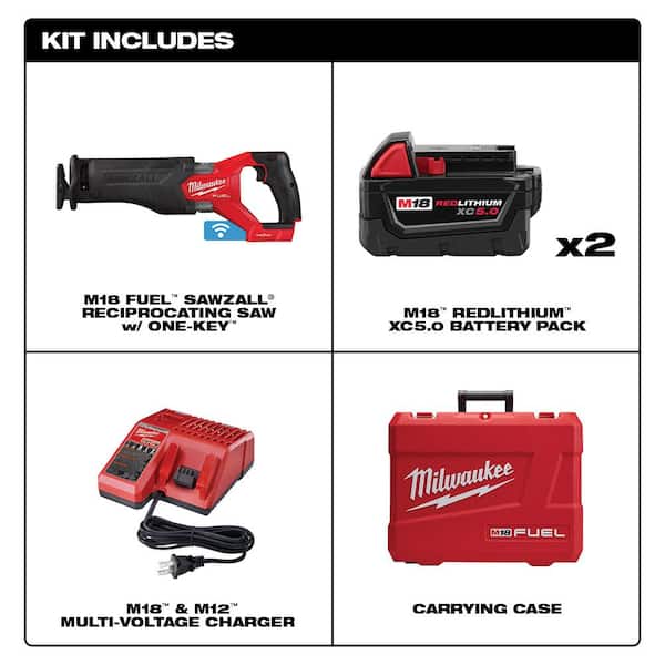Milwaukee M18 FUEL ONE-KEY 18V Lithium-Ion Brushless Cordless SAWZALL  Reciprocating Saw Kit with Two 5.0 Ah Batteries, Case 2822-22 The Home  Depot