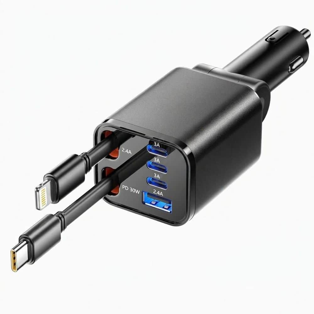 99W Retractable Car Charger Adapter with USB C and USB A Cables in Black for iPhone 17 16 15 14 13 12 Samsung price history on PriceWatchPro