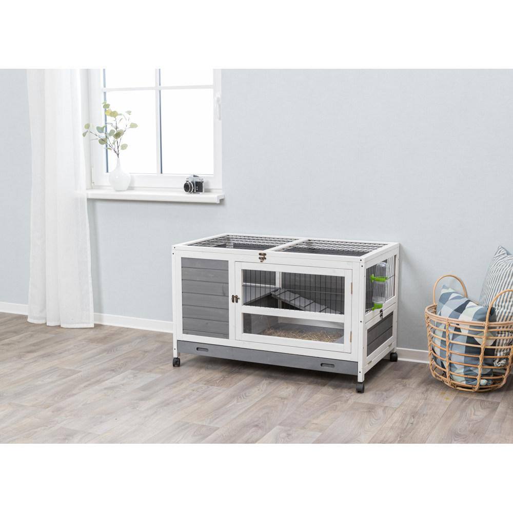 Gray and White Wooden Indoor Guinea Pig Hutch with Wheels