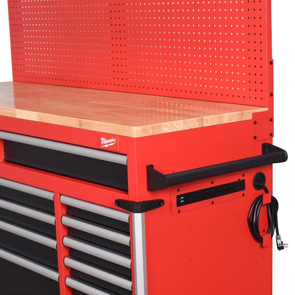 Milwaukee High-Capacity 61 in. W x 22 in. D 11-Drawer Mobile Workbench Cabinet with Solid Wood Top and Pegboard
