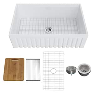White Fireclay 33 in. Single Bowl Farmhouse Apron Front Kitchen Sink With Accessories
