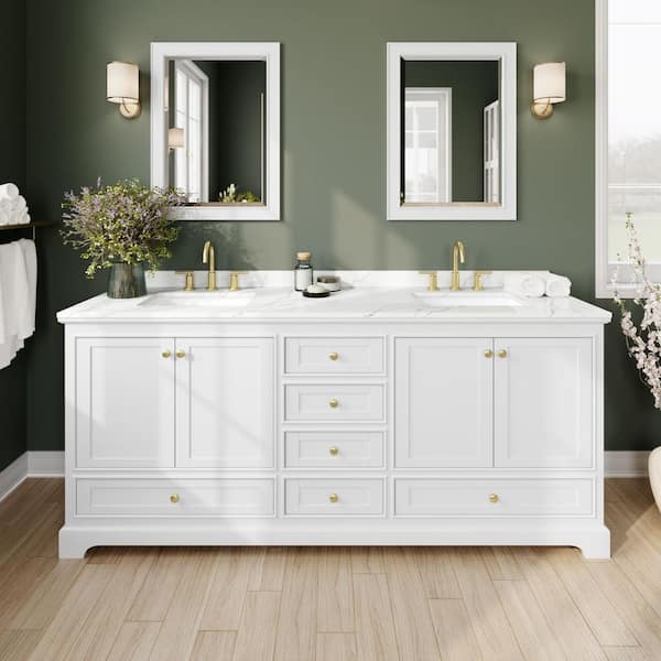 Wyndham Collection Deborah 80 in. W x 22 in. D x 35 in. H Double Bath Vanity in White with Giotto Quartz Top and 70 in. Mirror