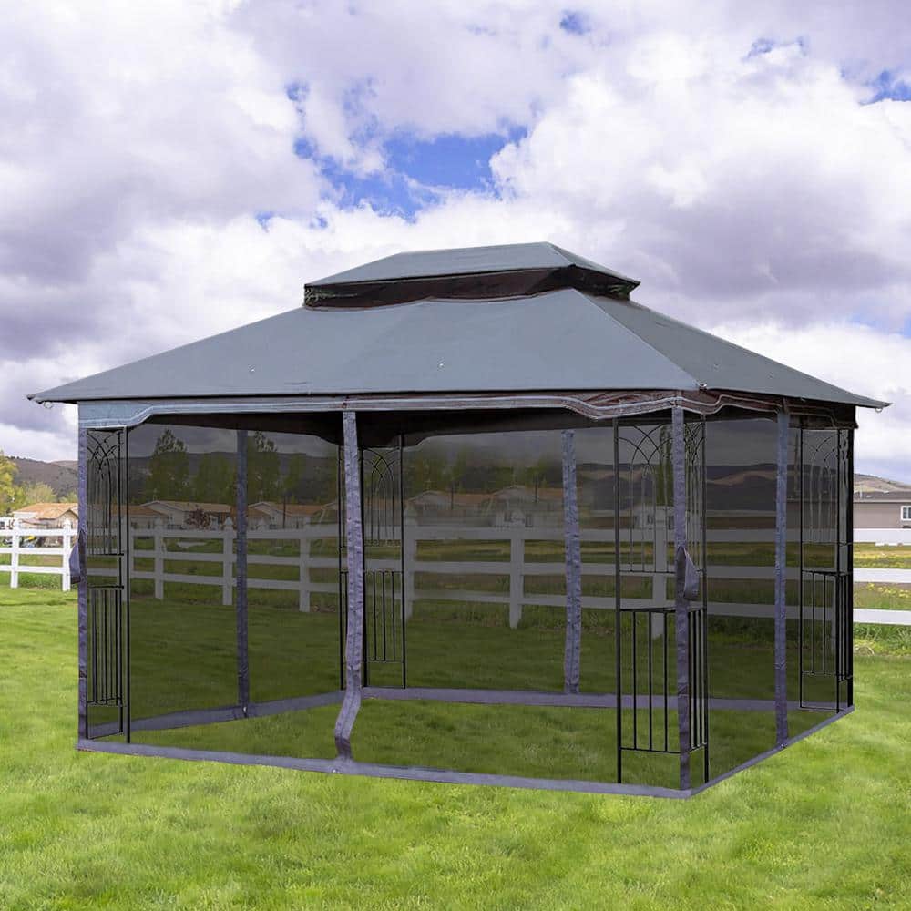 Gray 13x10ft Metal Patio Gazebo Canopy Tent with Mosquito Net