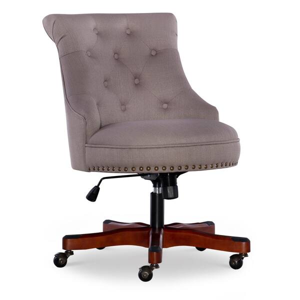 Linon Home Decor Sinclair Grey Office Chair with Brass Nail Heads and Walnut Wood Base