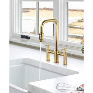 Double Handle Bridge Kitchen Faucet with Pull-Down Spray Head, Deck Mount 3 Holes Kitchen Sink Faucet in Gold