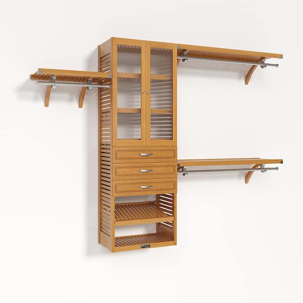 72 in. W - 120 in. W Red Mahogany Walk in with 3 Drawers and Glass Door 16 in. Shelf Wood Closet System