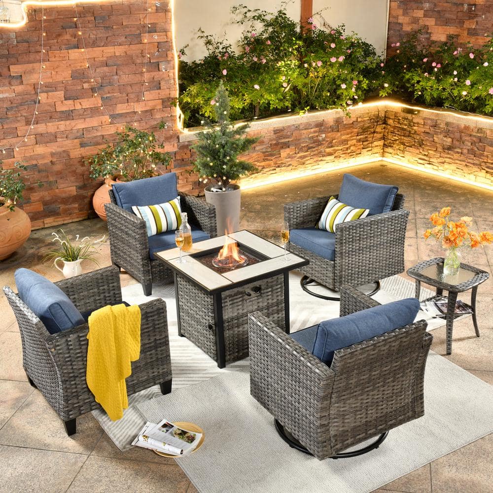 New Vultros Gray 5-Piece Wicker Patio Fire Pit Conversation Set with Blue Cushions and Swivel Rocking Chairs price history on PriceWatchPro
