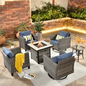 New Vultros Gray 5-Piece Wicker Patio Fire Pit Conversation Set with Blue Cushions and Swivel Rocking Chairs